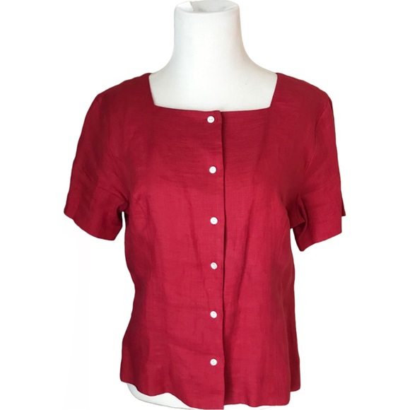 Vintage red linen square neck button down blouse - Picture 1 of 6